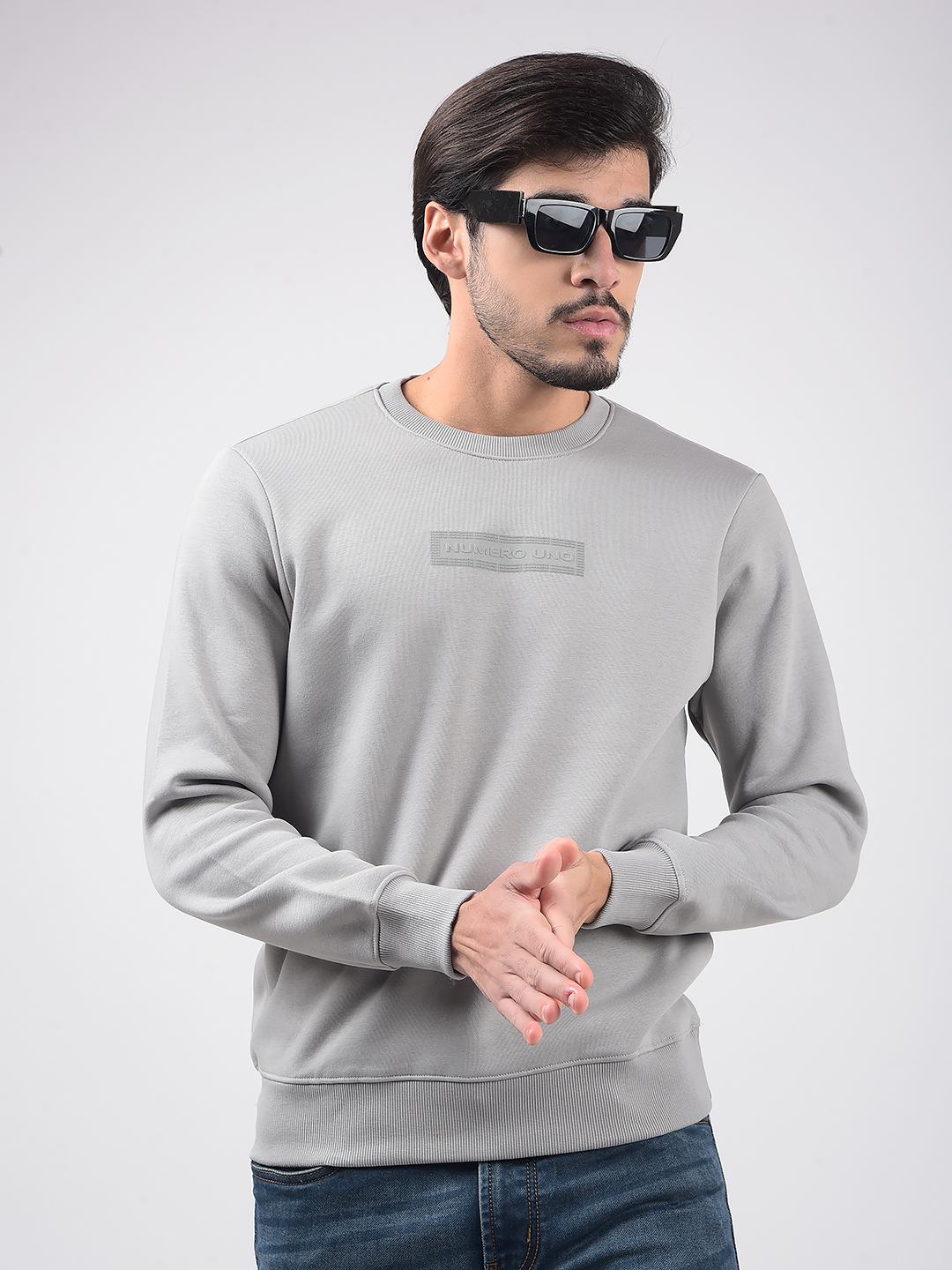 Numero Uno Men Textured Grey Sweat Shirt